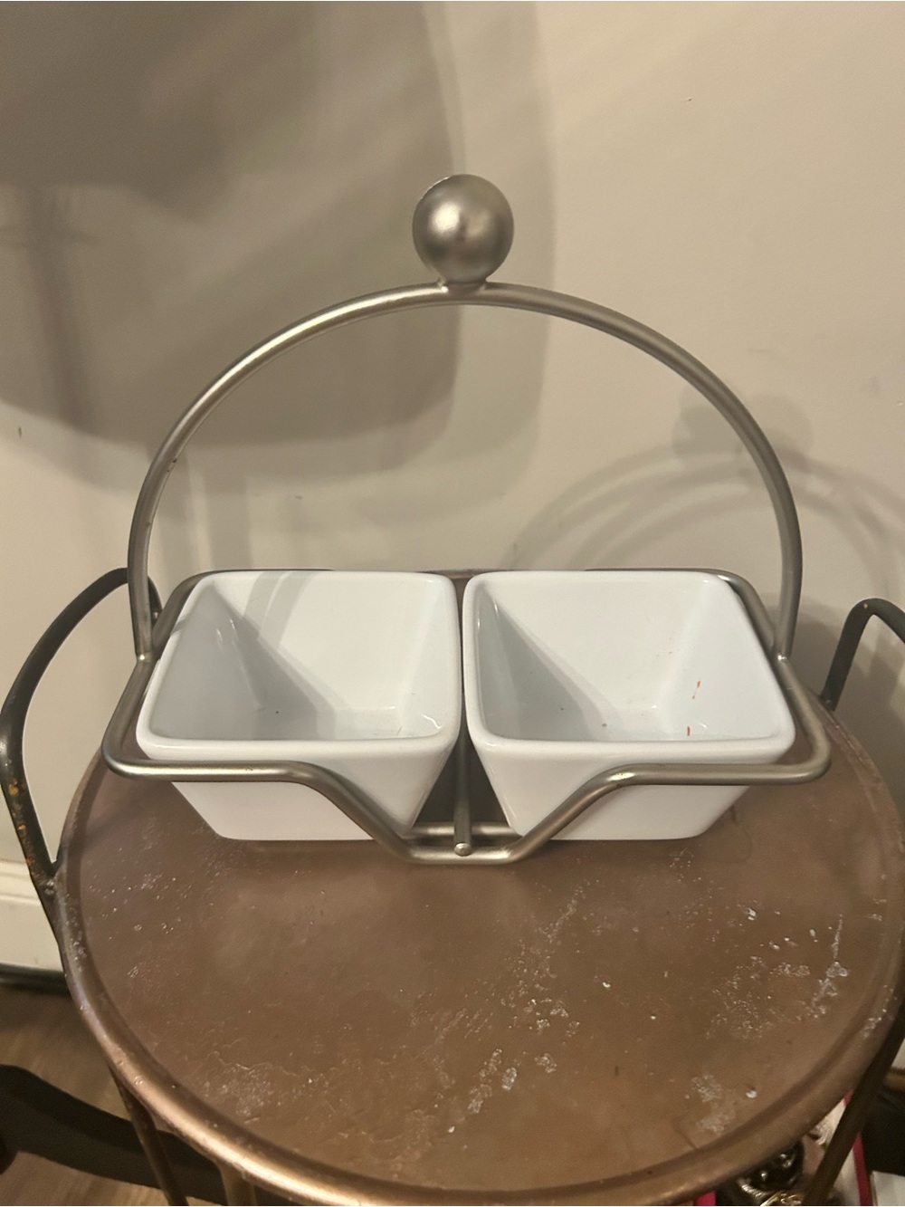 The Pampered Chef White Ceramic Double Dip Bowl Set with Metal Stand - Picture 2 of 4